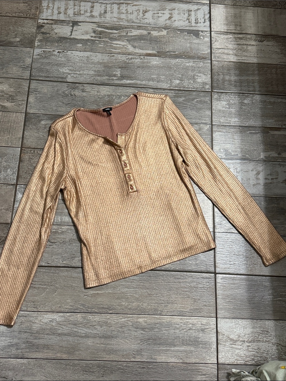 Express Metallic Rose Gold Ribbed Henley Long Sleeve Top